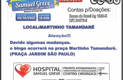 Aten&ccedil;&atilde;o!! Devido algumas mudan&ccedil;as o bingo ocorrer&aacute; na pra&ccedil;a Martinho Tamandar&eacute;.  Bairro Jardim S&atilde;o Paulo!!!