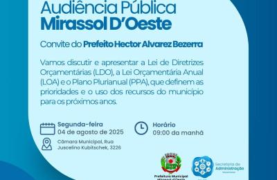 A Prefeitura de Mirassol D&rsquo;Oeste convida toda a popula&ccedil;&atilde;o para a audi&ecirc;ncia p&uacute;blica.