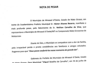 NOTA DE PESAR, PELO FALECIMENTO DO SR. WELITON CARVALHO DA SILVA .