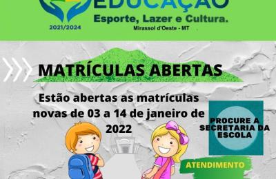 Est&atilde;o abertas as matr&iacute;culas novas de 03 a 14 de janeiro de 2022.