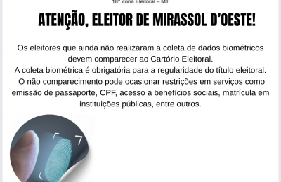 ATEN&Ccedil;&Atilde;O, ELEITORES DE MIRASSOL D&rsquo;OESTE: COLETA BIOM&Eacute;TRICA &Eacute; OBRIGAT&Oacute;RIA