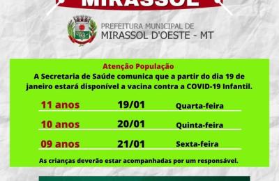 Aten&ccedil;&atilde;o Popula&ccedil;&atilde;o  A Secretaria de Sa&uacute;de comunica que a partir do dia 19 de janeiro estar&aacute; dispon&iacute;vel a vacina do Contra a COVID-19 Infantil.