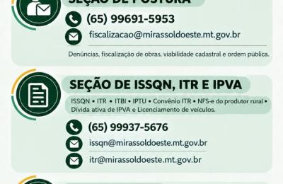 Prefeitura de Mirassol d&rsquo;Oeste divulga canais de atendimento da Coordenadoria de Fiscaliza&ccedil;&atilde;o